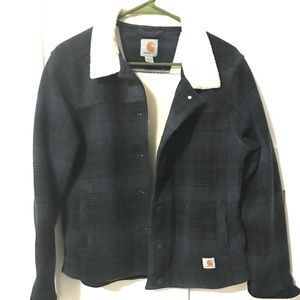 Carhartt fleece lined navy/black plaid jacket